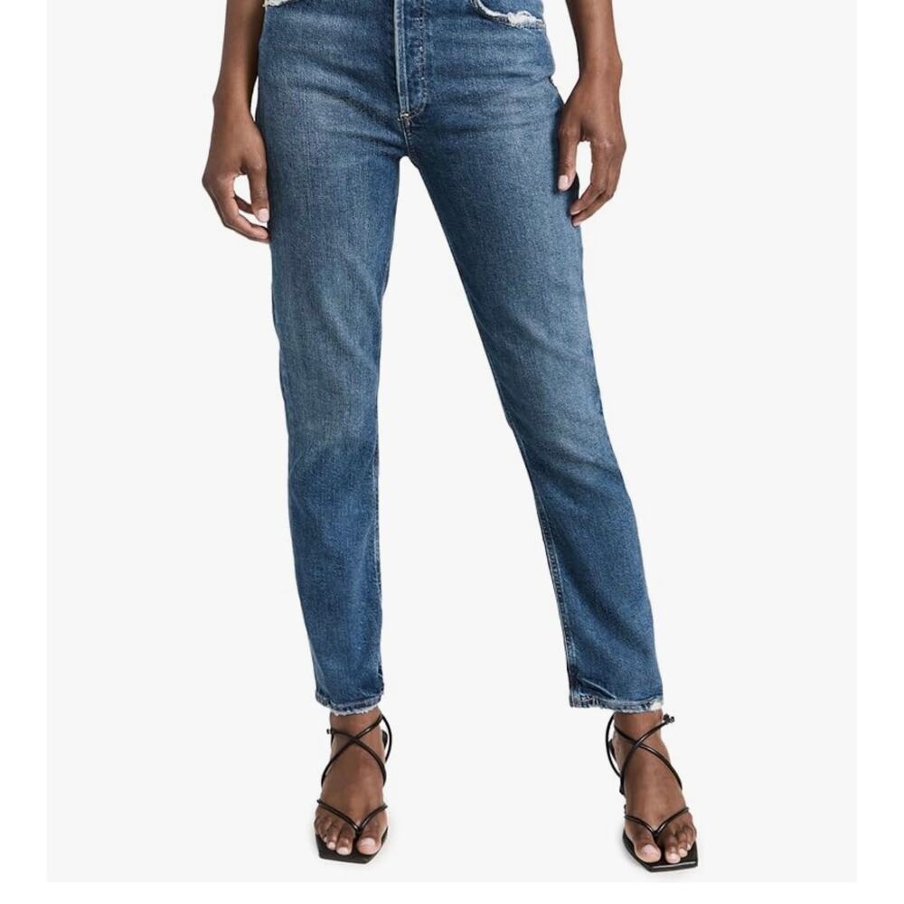AGOLDE Riley Crop High-Rise Straight Jeans Women's 24 Blue Medium Wash Distress